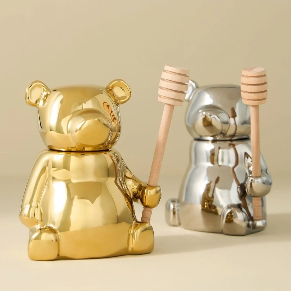 Anthropologie Silver Metallic Bear Honey Jar /Pot w/ Wooden Dipper in Bear’s Paw - Picture 3 of 13